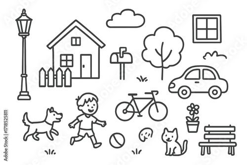 Street Lamp Doodle. Hand-drawn doodle illustration Street lamps in residential areas [lamp post, house, fence, tree, mailbox, car, bicycle, child, ball, dog,