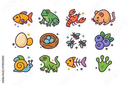 Mink Food Icons. Colorful isometric vector icons set of mink food and diet: fish, frog, crayfish, small rodent, duck egg, bird nest, insect swarm, berries,