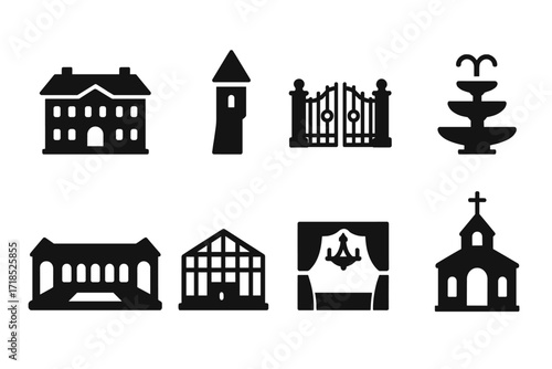 Aristocrat Architecture Icons. Solid, filled icon set of aristocrat architecture: mansion, turret, gate, garden fountain, courtyard, greenhouse, ballroom,