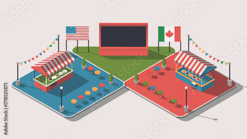 Isometric food stalls at a festival with flags of USA and Canada vector illustration