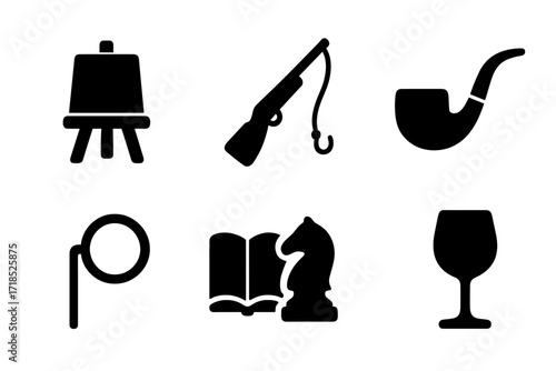 Gentleman's Hobby Icons. Solid, filled icon set of gentleman hobbies: painting easel, hunting rifle, fishing rod, pipe, monocle, book, chess piece, wine glass.