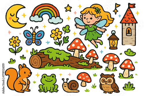 Whimsical Fairy Tale Scene. Colorful Hand-drawn doodle Children illustration Moss and Fairytale mushrooms, mossy log, fairy, butterfly, sparkles, flowers,