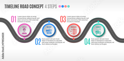 Isometric navigation map infographic 4 steps timeline concept. Winding road.