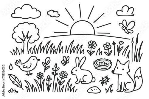 Grassland Sunrise Doodle. Hand-drawn doodle illustration Grassland sunrise scene sun rays, horizon, tree, cloud, tall grass, bird, butterfly, rabbit, nest,