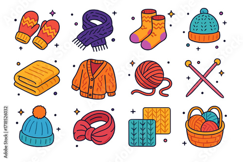 Cozy Knitting Icons. Colorful isometric vector icons set of Cozy Knitted Items: knitted mittens, cable-knit scarf, hand-knit socks, crochet hat, wool blanket,