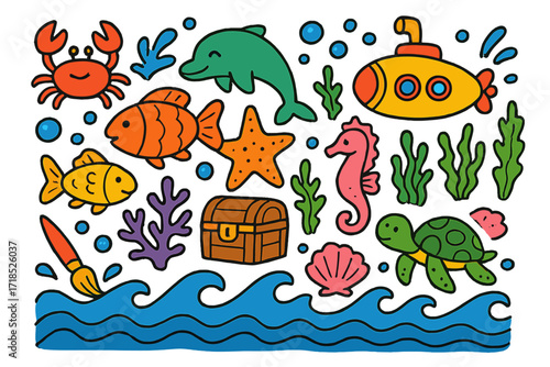Underwater Cartoon Adventure. Colorful Hand-drawn doodle Children illustration Underwater mural fish, dolphin, coral, seaweed, treasure chest, submarine,