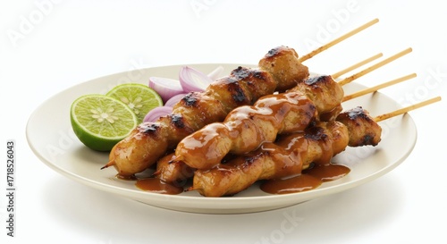Delicious grilled chicken satay skewers, generously coated in a rich peanut sauce, presented beautifully with fresh lime and red onion, an inviting Asian culinary treat
