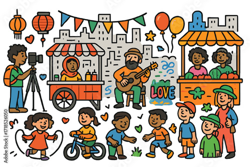Diverse Street Celebration. Colorful Hand-drawn doodle Children illustration Street photography capturing cultural diversity camera, tripod, city street,