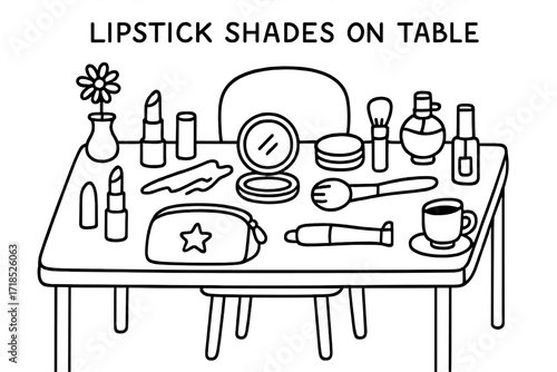 Makeup Essentials Doodles. Hand-drawn doodle illustration Lipstick Shades on Table [lipstick tube, open lipstick, closed lipstick, lipstick smear, mirror,