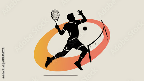 Dynamic Silhouette of Tennis Player Hitting Ball with Racket, Sport Illustration