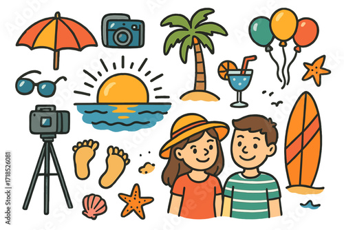 Beach Celebration Doodles. Colorful Hand-drawn doodle Children illustration Sunset beach photo shoot celebration camera, tripod, palm tree, sun setting, ocean