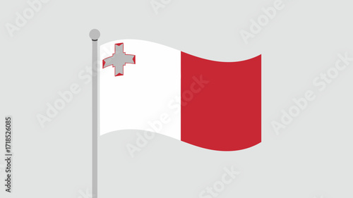 Malta Flag Waving on Pole Against Gray Background with Emblem and Red Color Scheme