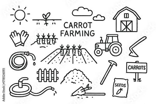 Carrot Farming Icons. Hand-drawn doodle illustration Carrot farming [farm field, rows of crops, tractor, seedling, irrigation line, sun, barn, hoe, fence,