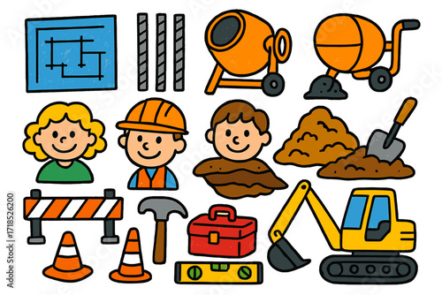 Construction Fun Doodles. Colorful Hand-drawn doodle Children illustration Foundation crew blueprints, rebar, cement mixer, shovel, dirt mound, worker hat,