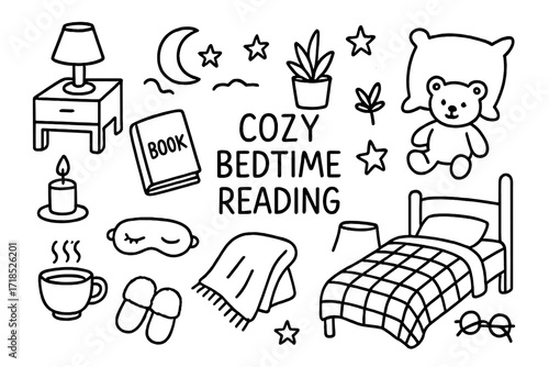 Cozy Bedtime Doodles. Hand-drawn doodle illustration Cozy bedtime reading book, bed, blanket, slippers, nightstand, lamp, tea cup, candle, teddy bear, night