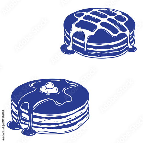 Delicious stack of pancakes with syrup and butter illustration on a clean white background