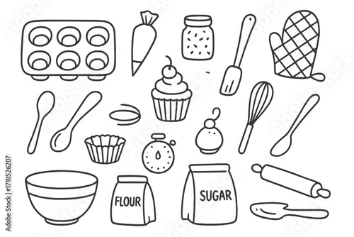 Cupcake Doodle Essentials. Hand-drawn doodle illustration Cupcake tray [cupcake tray, frosting bag, sprinkles jar, oven mitt, whisk, spatula, cupcake, cherry