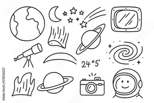 Space Exploration Icons. Hand-drawn doodle illustration Orbital Views Earth, moon, star cluster, telescope, station window, shooting star, curved horizon,