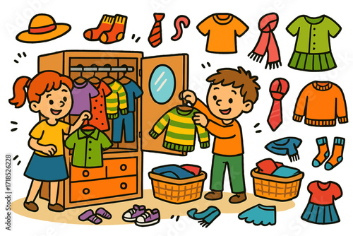 Kids Organizing Closet. Colorful Hand-drawn doodle Children illustration Arranging clothing in a wardrobe [wardrobe, hanger, shirt, dress, pants, skirt,