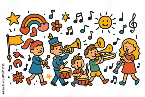 Parade Doodles Extravaganza. Colorful Hand-drawn doodle Children illustration Marching Band Parade [trumpet, drum, trombone, clarinet, flute, baton, flag,