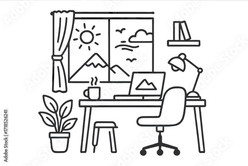 Home Office Doodle. Hand-drawn doodle illustration Home office with a view [window, sun, curtain, desk, chair, plant, laptop, mug, notebook, lamp, mountain