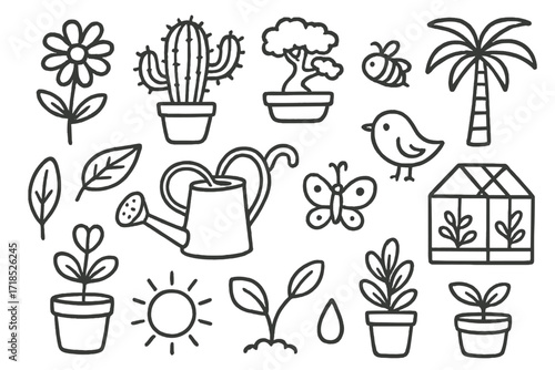 Botanical Garden Doodles. Hand-drawn doodle illustration botanical garden flower, cactus, bonsai, palm tree, leaf, watering can, greenhouse, pot, butterfly,