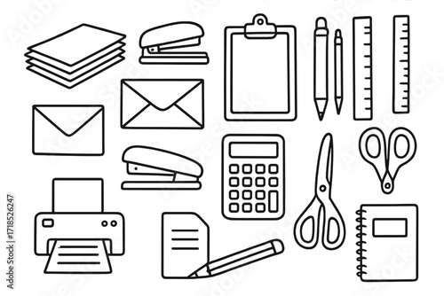 Office Supplies Doodle. Office Supplies. Hand-drawn doodle illustration catalog, paper stack, stapler, pen, pencil, ruler, calculator, clipboard, envelope,