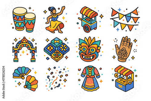 Cultural Festival Icons. Colorful isometric vector icons set of cultural summer street festivals: traditional drums, dance performer, street food cart,