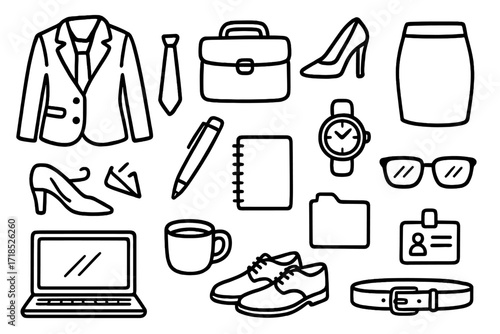Business Attire Doodles. Hand-drawn doodle illustration professional style blazer, tie, briefcase, high heels, skirt, pen, notebook, watch, glasses, laptop,