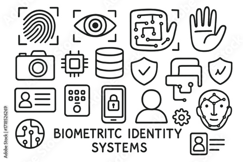 Biometric Security Icons. Hand-drawn doodle illustration [biometric identity systems] [fingerprint, eye scan, face recognition grid, hand scan, camera, chip,