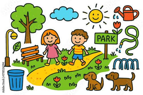 Colorful Community Park Scene. Colorful Hand-drawn doodle Children illustration Community green area walking path, tree, bench, streetlight, flower, smiling