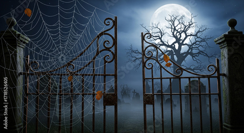 Intricate spider web stretched across a graveyard gate, full moon illuminating the scene, eerie Halloween night
