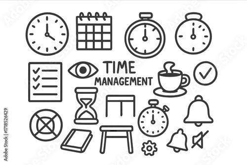 Time Management Icons. Hand-drawn doodle illustration price elasticity demand curve, supply curve, dollar sign, euro sign, bar chart, line graph, shopping