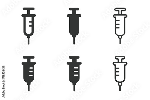 Diverse Syringe Logos. Pharmaceuticals. Set Logo of Pharmaceuticals: Syringe. harmonious logo variations of the same emblematic concept, each with different