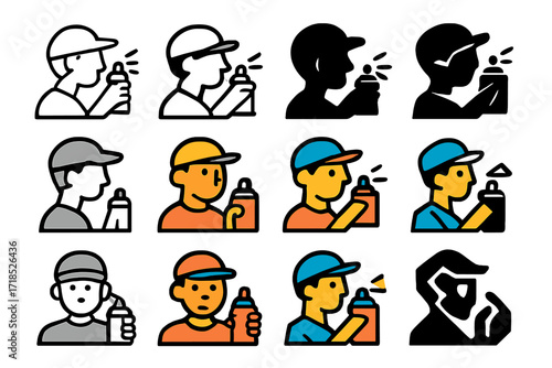 Youthful Art Logos. Set Logo of Young artists: Youth with spray paint can. Logo set in vector style, emblematic variations. line, bold thick line, solid black