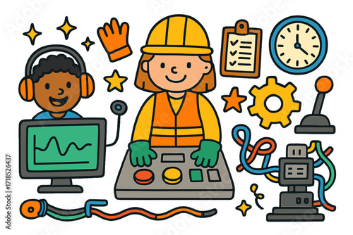Children's Control Room Doodles. Colorful Hand-drawn doodle Children illustration Control Room Operators computer screen, lever, button panel, gear, headset,
