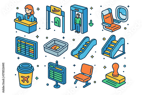 Airport Experience Icons. Colorful isometric vector icons set of airport experience: check-in counter, boarding gate, metal detector, luggage scanner, flight