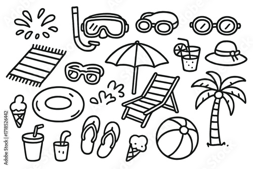 Poolside Summer Doodles. Hand-drawn doodle illustration Summer fun at the pool inflatable ring, snorkel mask, goggles, water splashes, towel, umbrella, chair,