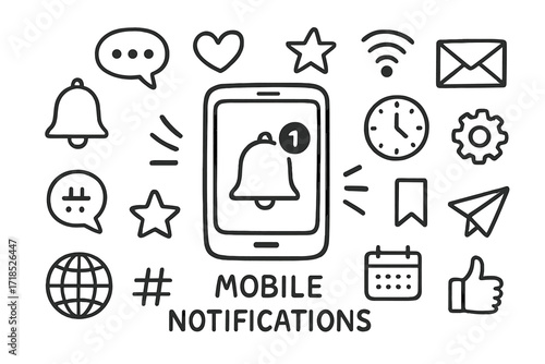 Mobile Notification Doodles. Hand-drawn doodle illustration Mobile notifications [smartphone, bell, chat bubble, heart, star, envelope, wifi, clock, gear,