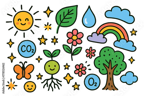 Photosynthesis Magic Doodle. Colorful Hand-drawn doodle Children illustration Photosynthesis Magic [sun, leaf, water drop, carbon dioxide bubble, oxygen