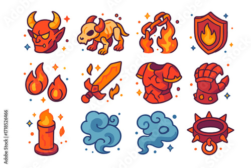Underworld Guardian Icons. Colorful isometric vector icons set of underworld guardians: horned demon, skeletal beast, lava chain, burning shield, blazing eyes,