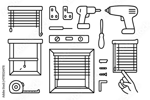 Installing Window Blinds. Hand-drawn doodle illustration installing blinds venetian blinds, roller blind, pull cord, chain mechanism, wall bracket, drill,