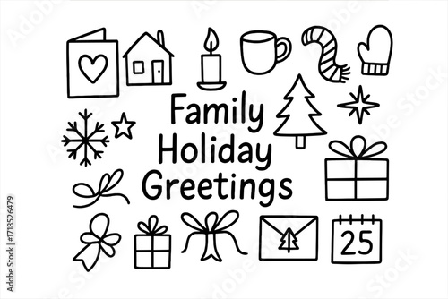 Family Holiday Doodles. Hand-drawn doodle illustration Family Holiday Greetings [folded card, house, tree, people silhouettes, heart, candle, mug, scarf,