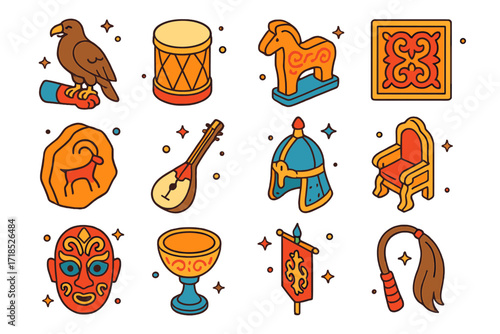 Steppe Cultural Icons. Colorful isometric vector icons set of steppe cultural symbols: eagle on arm, traditional drum, carved horse figurine, steppe