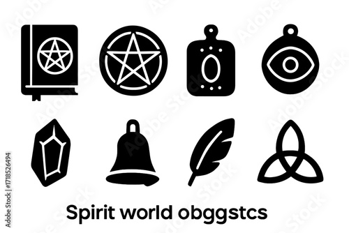 Spirit World Icons. Solid, filled icon set of spirit world objects: ancient book, magic circle, talisman, amulet, crystal, bell, feather, sacred knot. Solid,