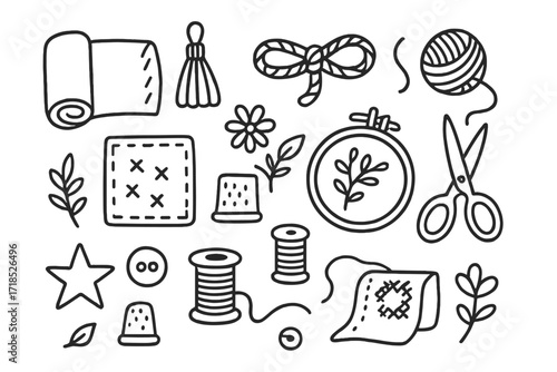 Textile Craft Doodle. Hand-drawn doodle illustration Decorative textile crafts [fabric roll, tassel, rope, knot, patch, embroidery hoop, thread, spool, yarn