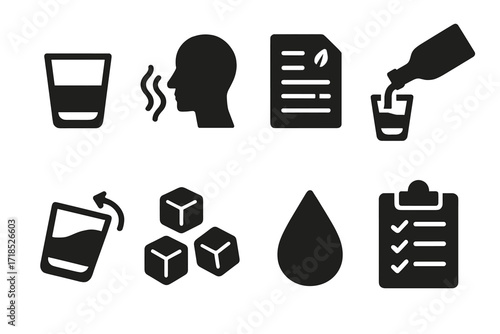 Whiskey Tasting Icons. Solid, filled icon set of whiskey tasting elements: whiskey glass, aroma sniffing, tasting notes, whiskey pour, whiskey swirl, ice