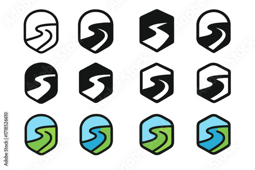 Colorful Geometric Logo Grid. Set Logo of Harmony: Flowing river path. Logo set in vector style, emblematic variations. line, bold thick line, solid black