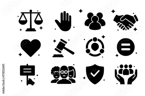 Fairness Icon Grid. Fairness. Solid icons set of balanced scale, open hand, group of people, handshake, heart, justice hammer, inclusive circle, equality