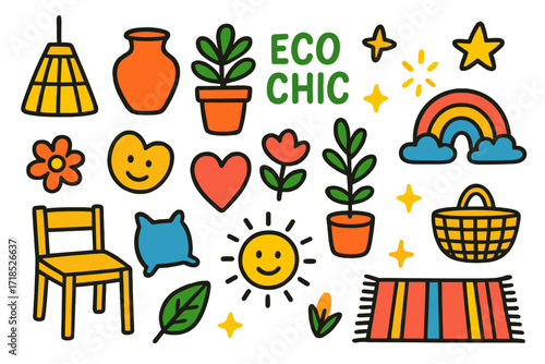 Eco Chic Doodle. Colorful Hand-drawn doodle Children illustration Eco Chic Lifestyle [bamboo lamp, clay pot, potted plant, wooden chair, linen cushion, woven